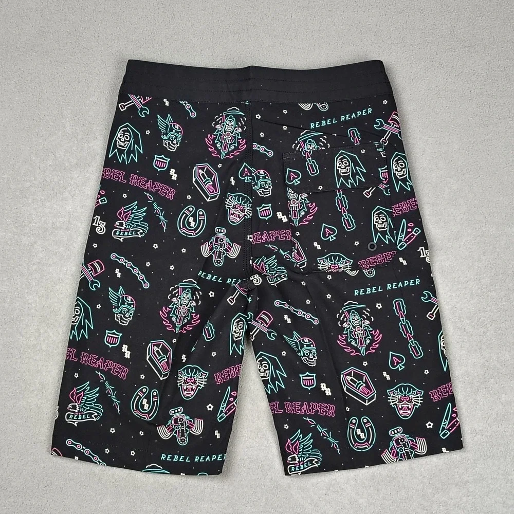 Rebel Reaper‎ Board Shorts Men Small Black Swim Trunks Tattoo Biker Pockets NWT